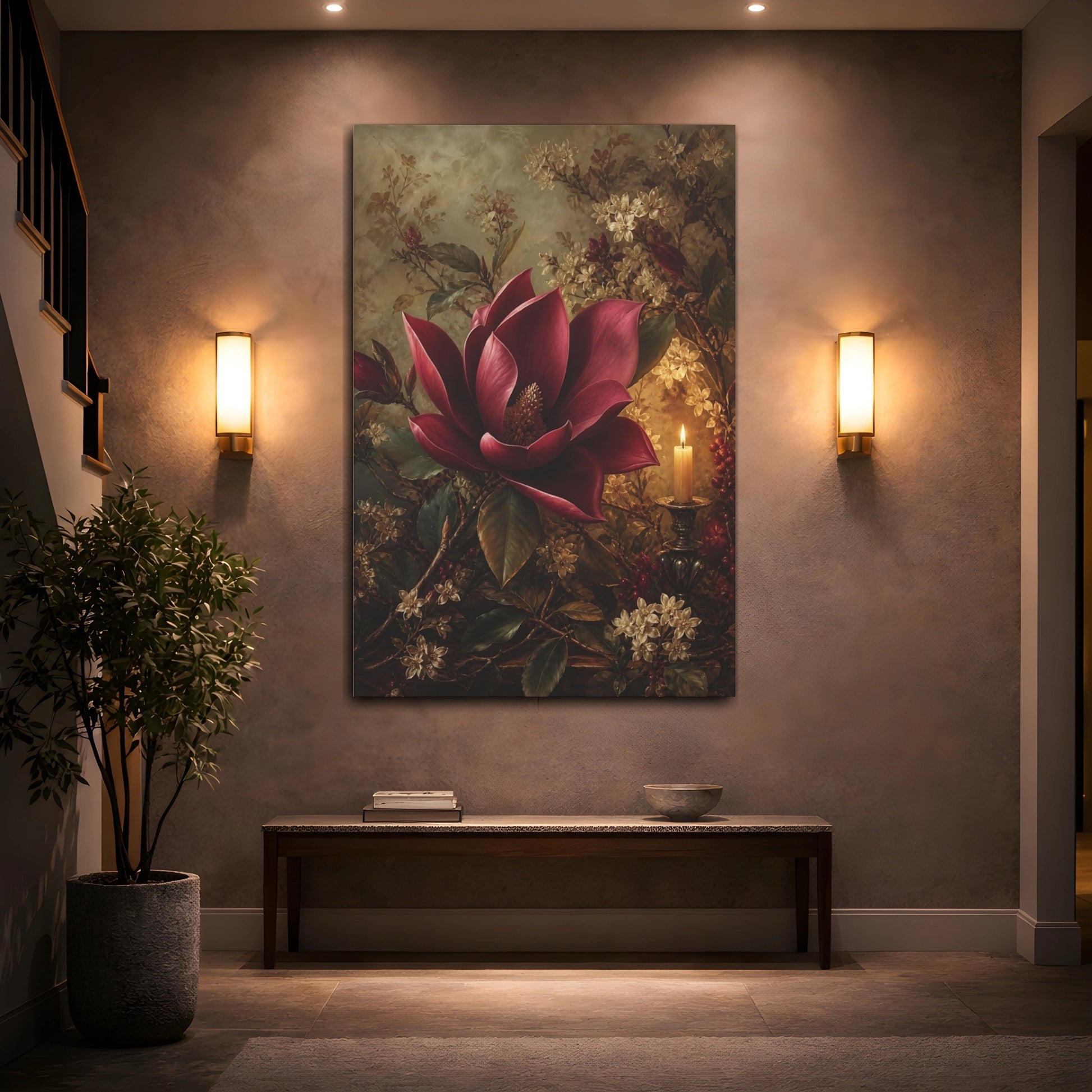 Mockup 2. Floral Red Magnolia Dark Red Floral shown as stretched canvas wall art