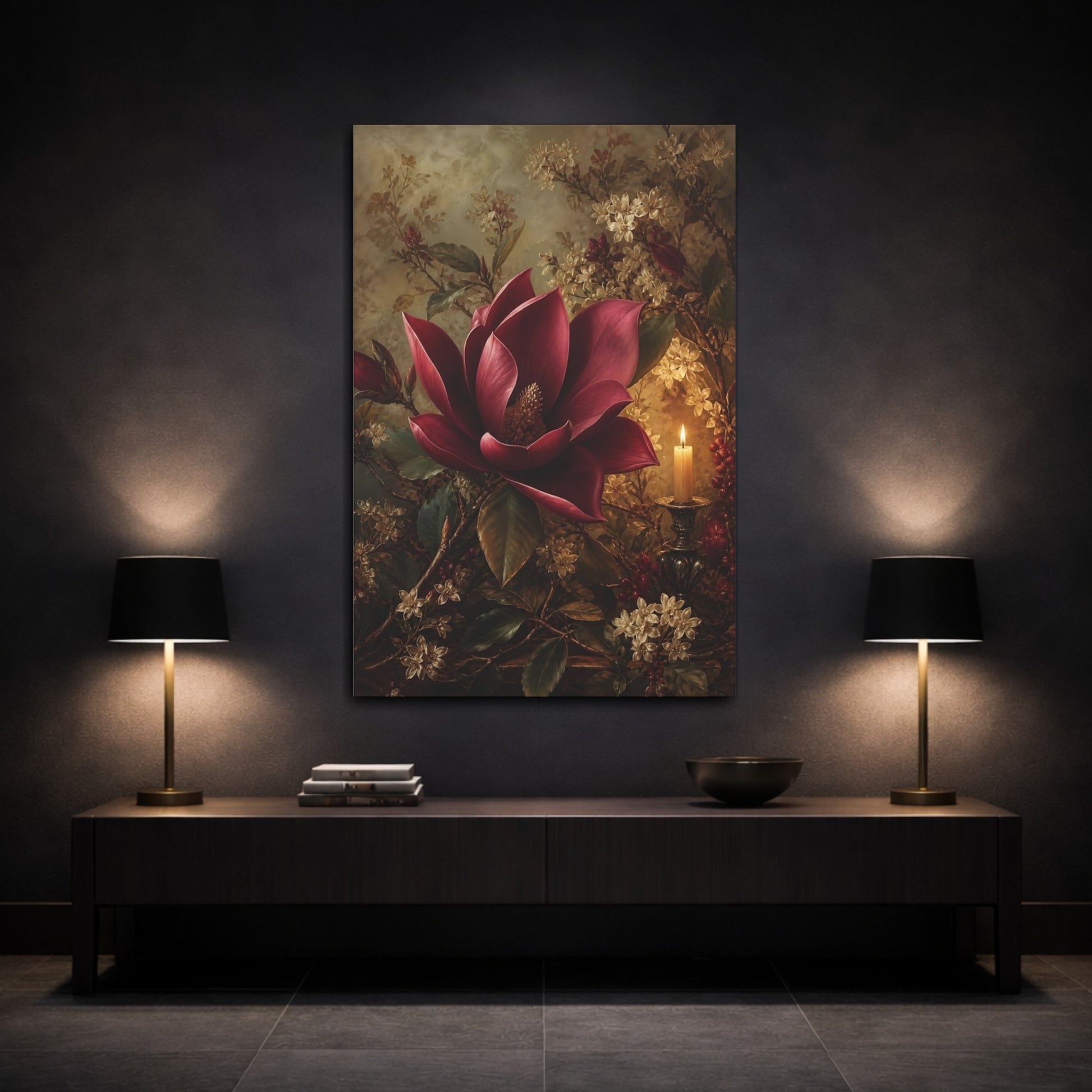 Mockup 3. Floral Red Magnolia Dark Red Floral shown as stretched canvas wall art