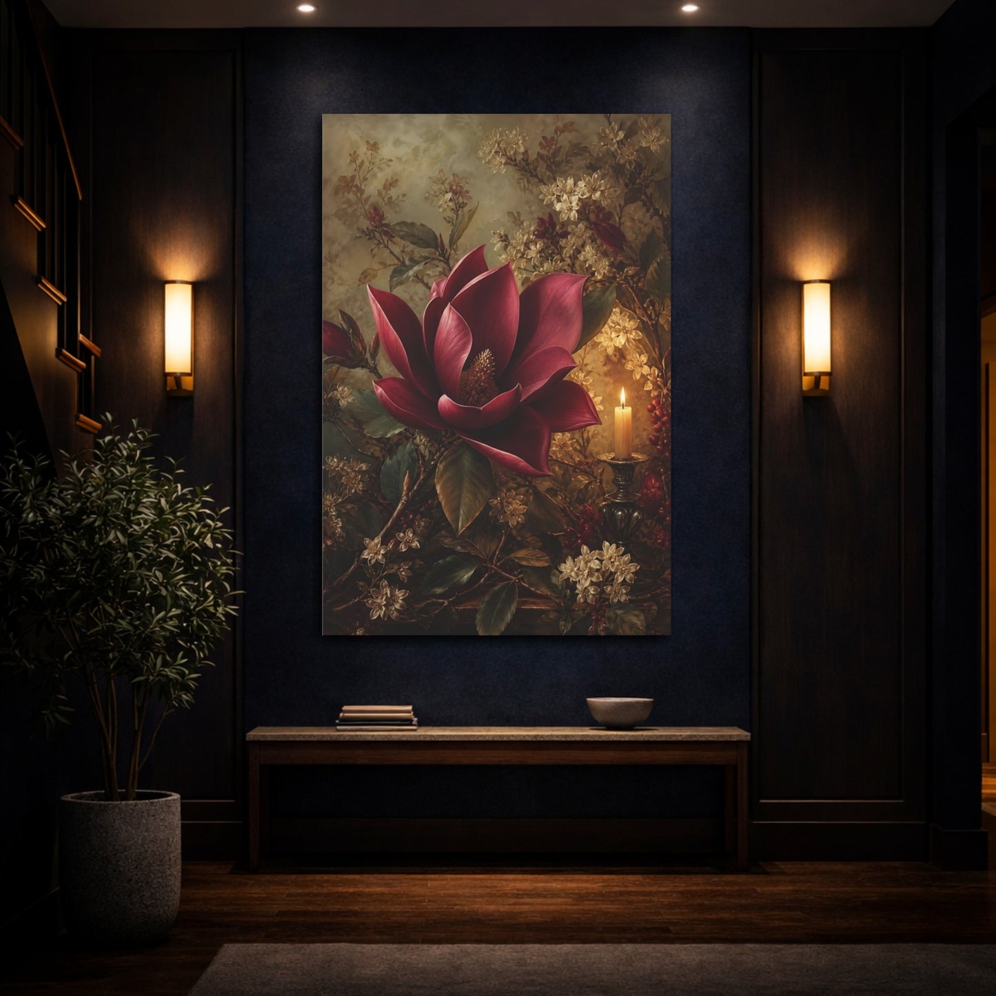 Mockup 4. Floral Red Magnolia Dark Red Floral shown as stretched canvas wall art