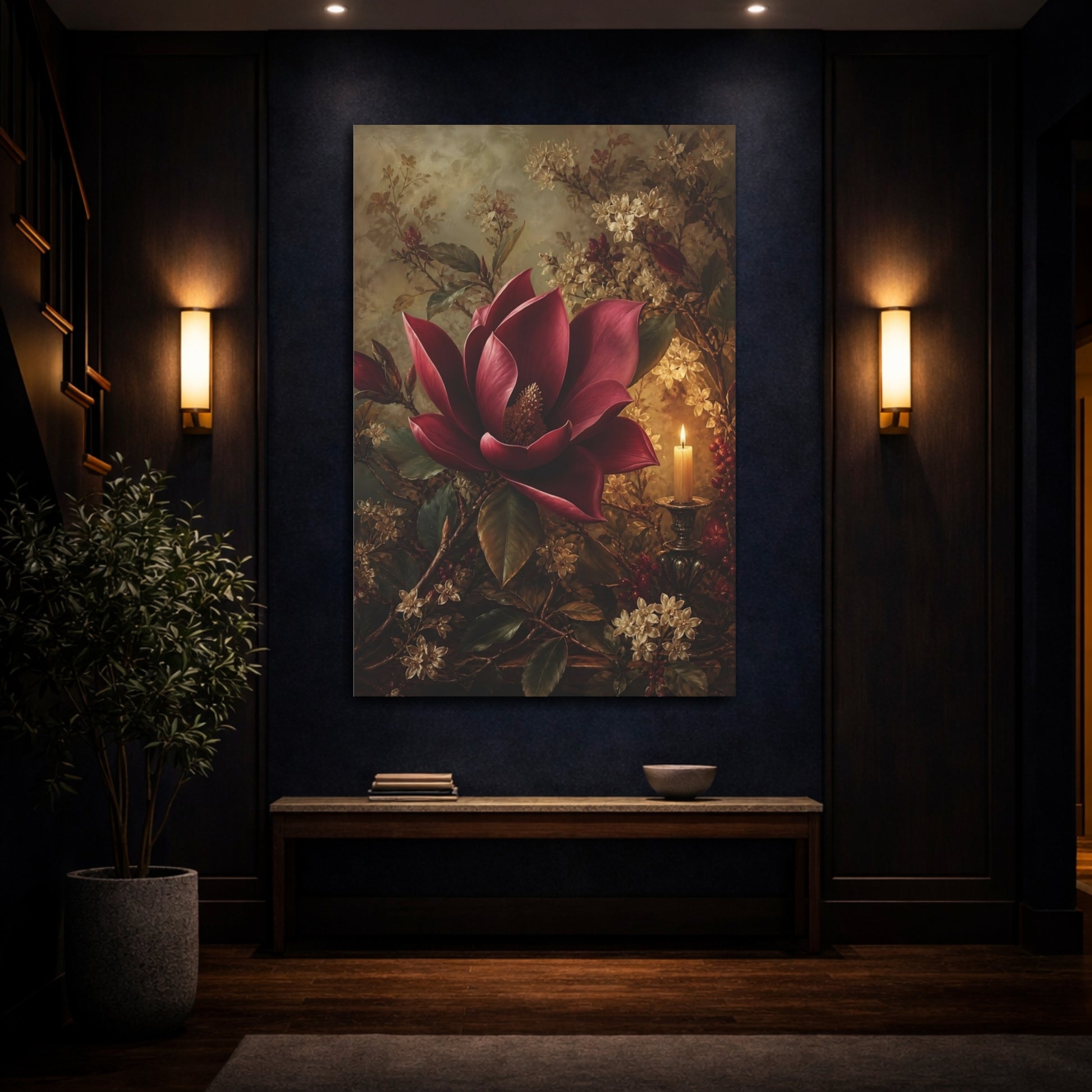 Mockup 4. Floral Red Magnolia Dark Red Floral shown as stretched canvas wall art