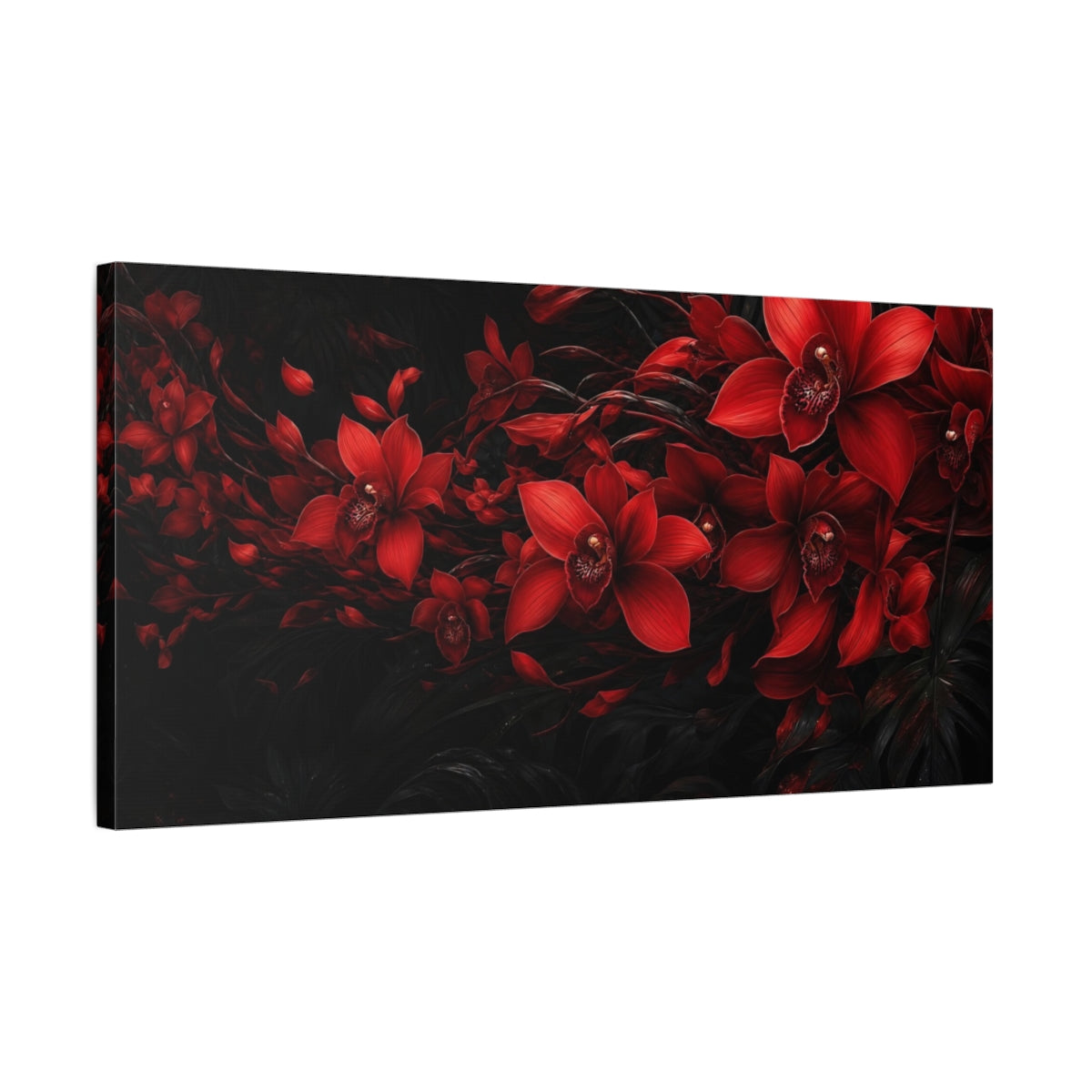 Side Mockup 1. Floral Red Orchid Red And Black shown as stretched canvas wall art
