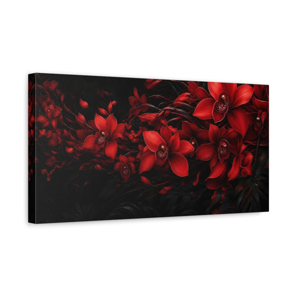 Side Mockup 3. Floral Red Orchid Red And Black shown as stretched canvas wall art