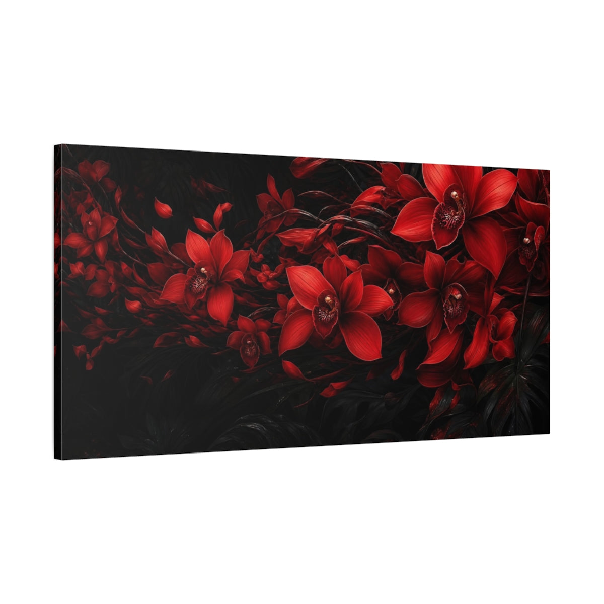 Main Mockup. Floral Red Orchid Red And Black shown as stretched canvas wall art