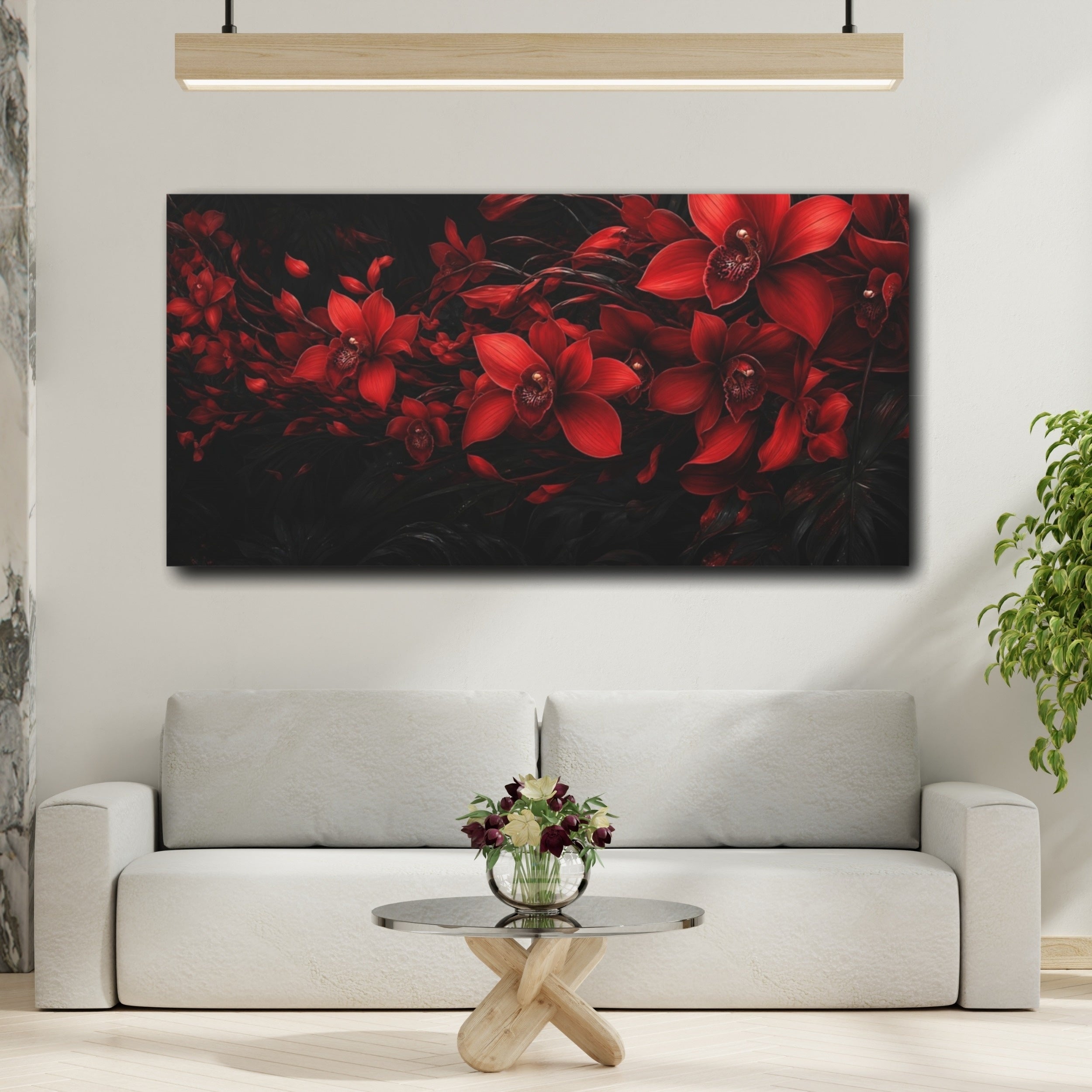Mockup 2. Floral Red Orchid Red And Black shown as stretched canvas wall art