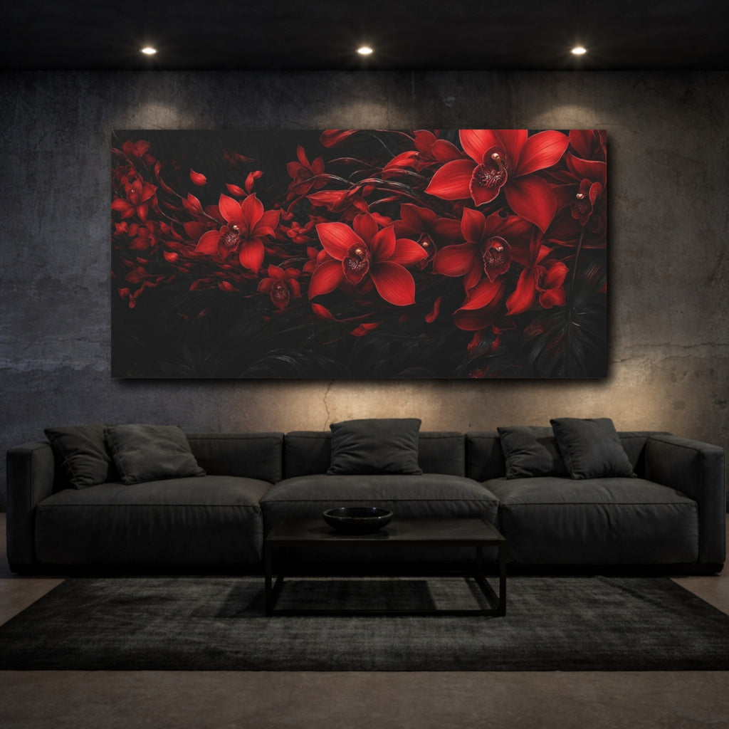 Mockup 3. Floral Red Orchid Red And Black shown as stretched canvas wall art