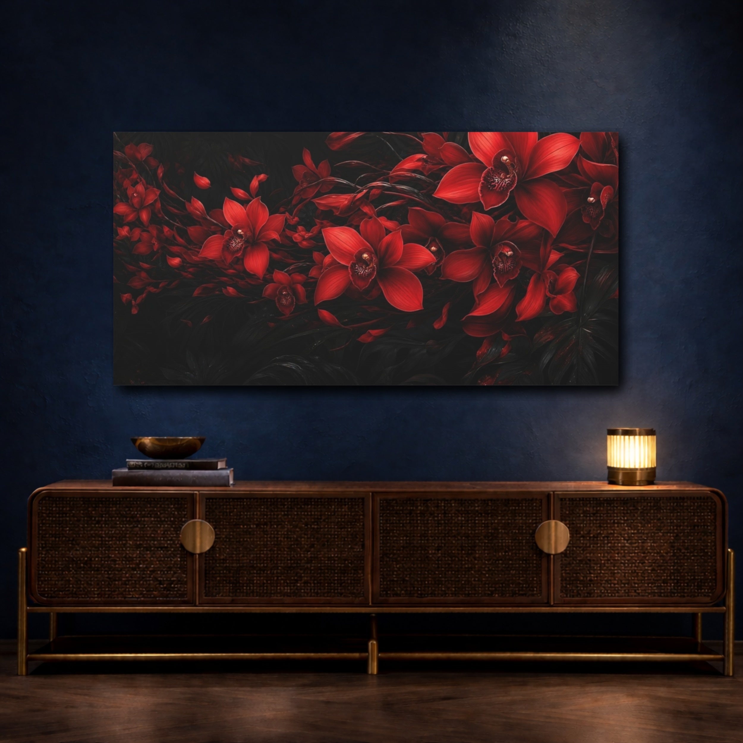 Mockup 4. Floral Red Orchid Red And Black shown as stretched canvas wall art