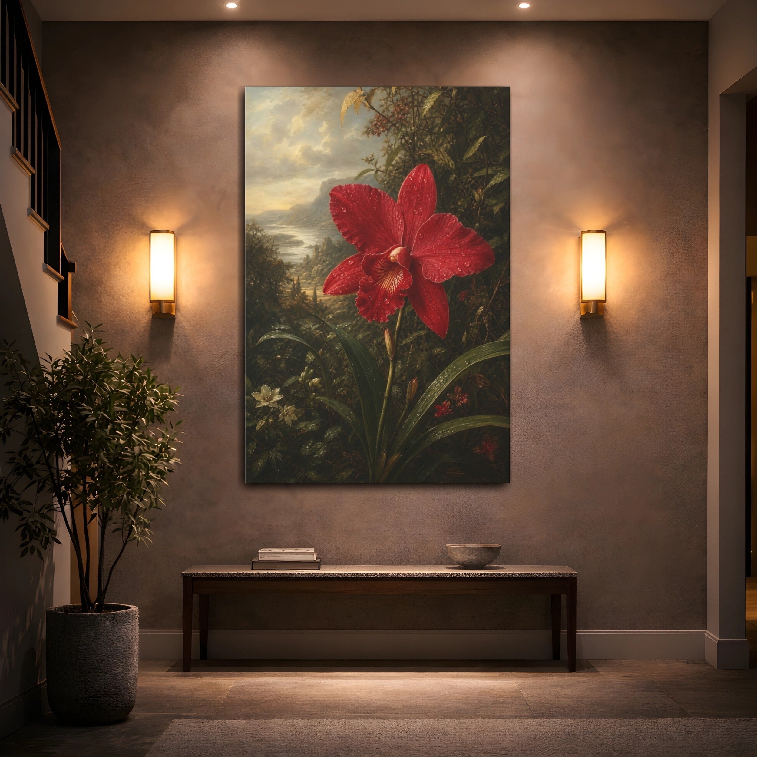 Mockup 2. Floral Red Orchid Red Orchid Landscape shown as stretched canvas wall art