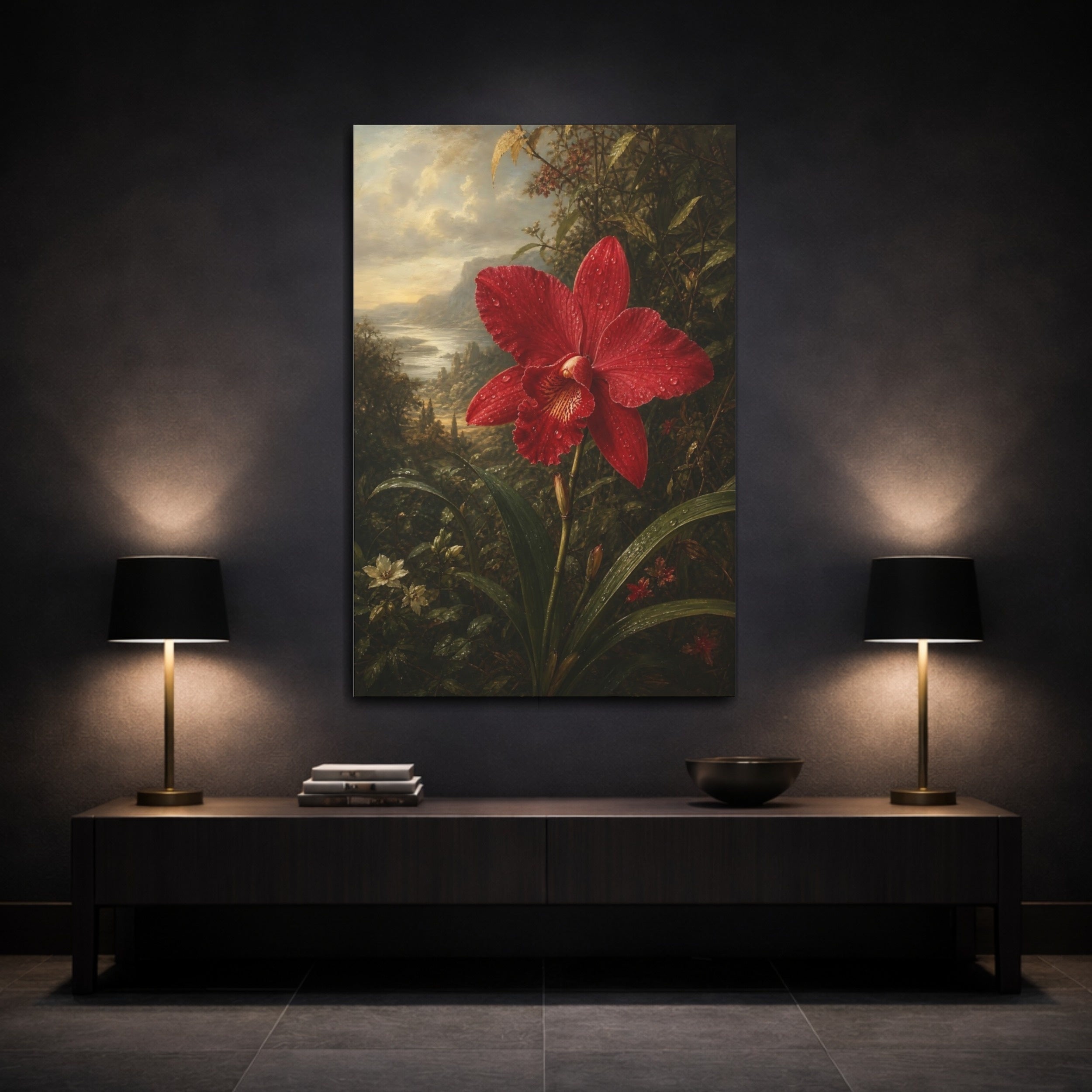 Mockup 3. Floral Red Orchid Red Orchid Landscape shown as stretched canvas wall art
