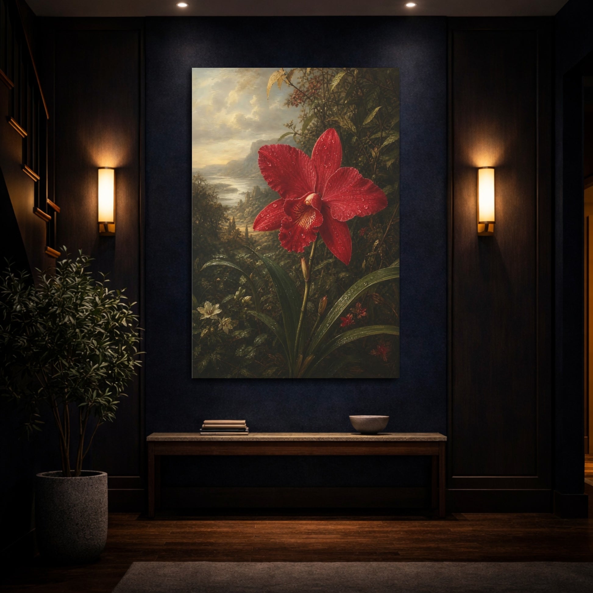 Mockup 4. Floral Red Orchid Red Orchid Landscape shown as stretched canvas wall art