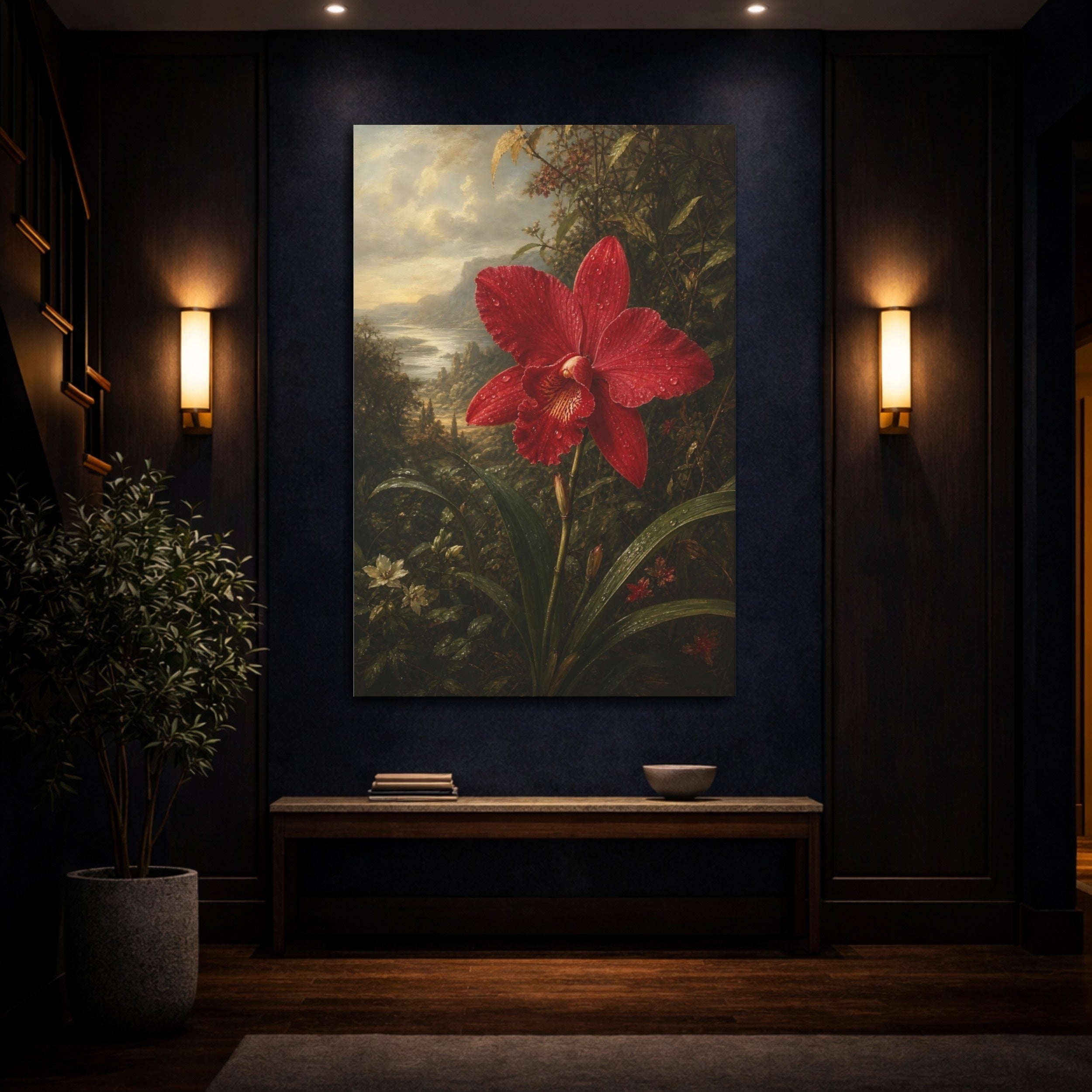Mockup 4. Floral Red Orchid Red Orchid Landscape shown as stretched canvas wall art
