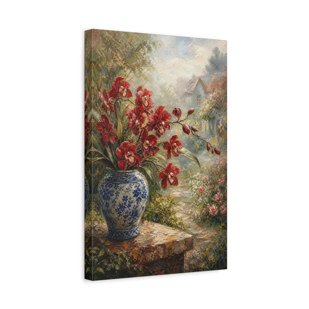 Side Mockup 4. Floral Red Orchids Red Blue Floral shown as stretched canvas wall art