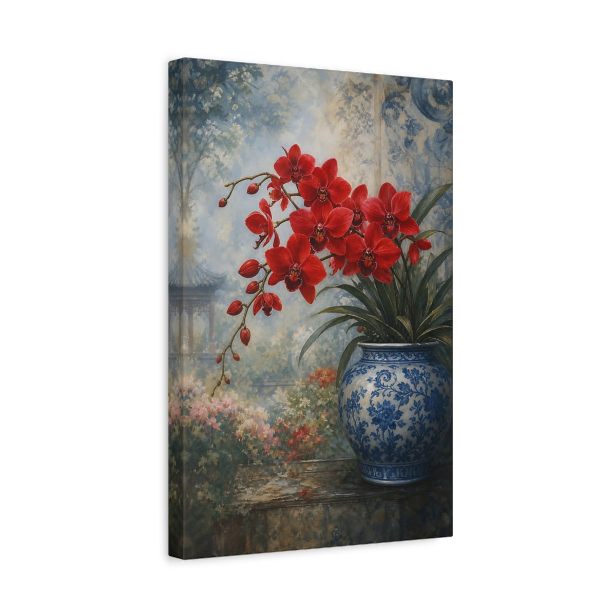 Side Mockup 4. Floral Red Orchids Red Floral shown as stretched canvas wall art