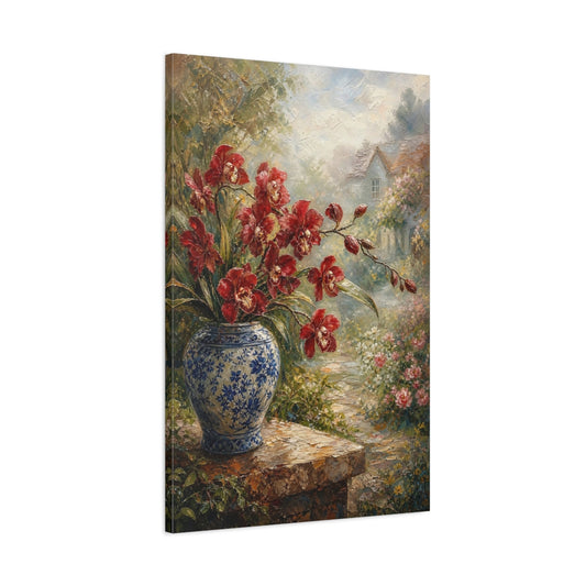 Main Mockup. Floral Red Orchids Red Blue Floral shown as stretched canvas wall art
