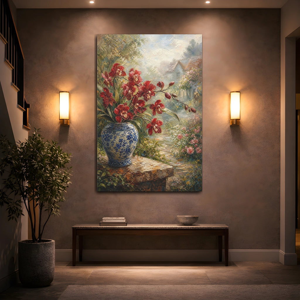 Mockup 2. Floral Red Orchids Red Blue Floral shown as stretched canvas wall art