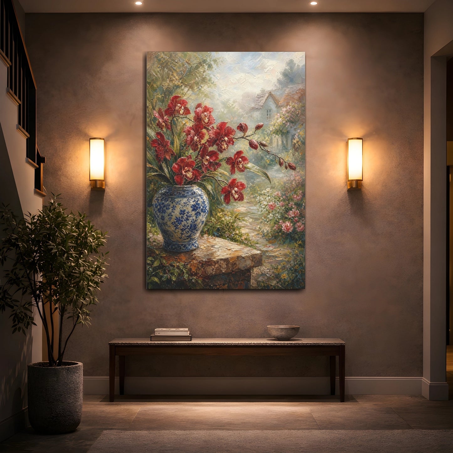 Mockup 2. Floral Red Orchids Red Blue Floral shown as stretched canvas wall art