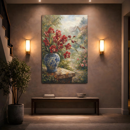 Mockup 2. Floral Red Orchids Red Blue Floral shown as stretched canvas wall art