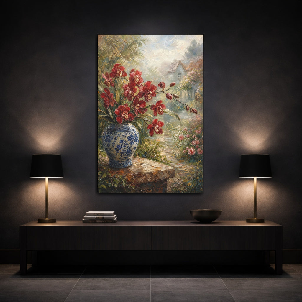 Mockup 3. Floral Red Orchids Red Blue Floral shown as stretched canvas wall art