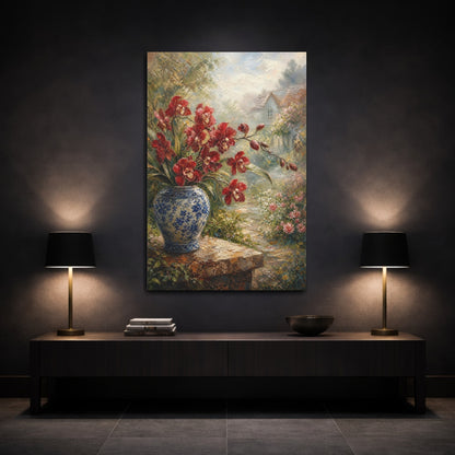 Mockup 3. Floral Red Orchids Red Blue Floral shown as stretched canvas wall art