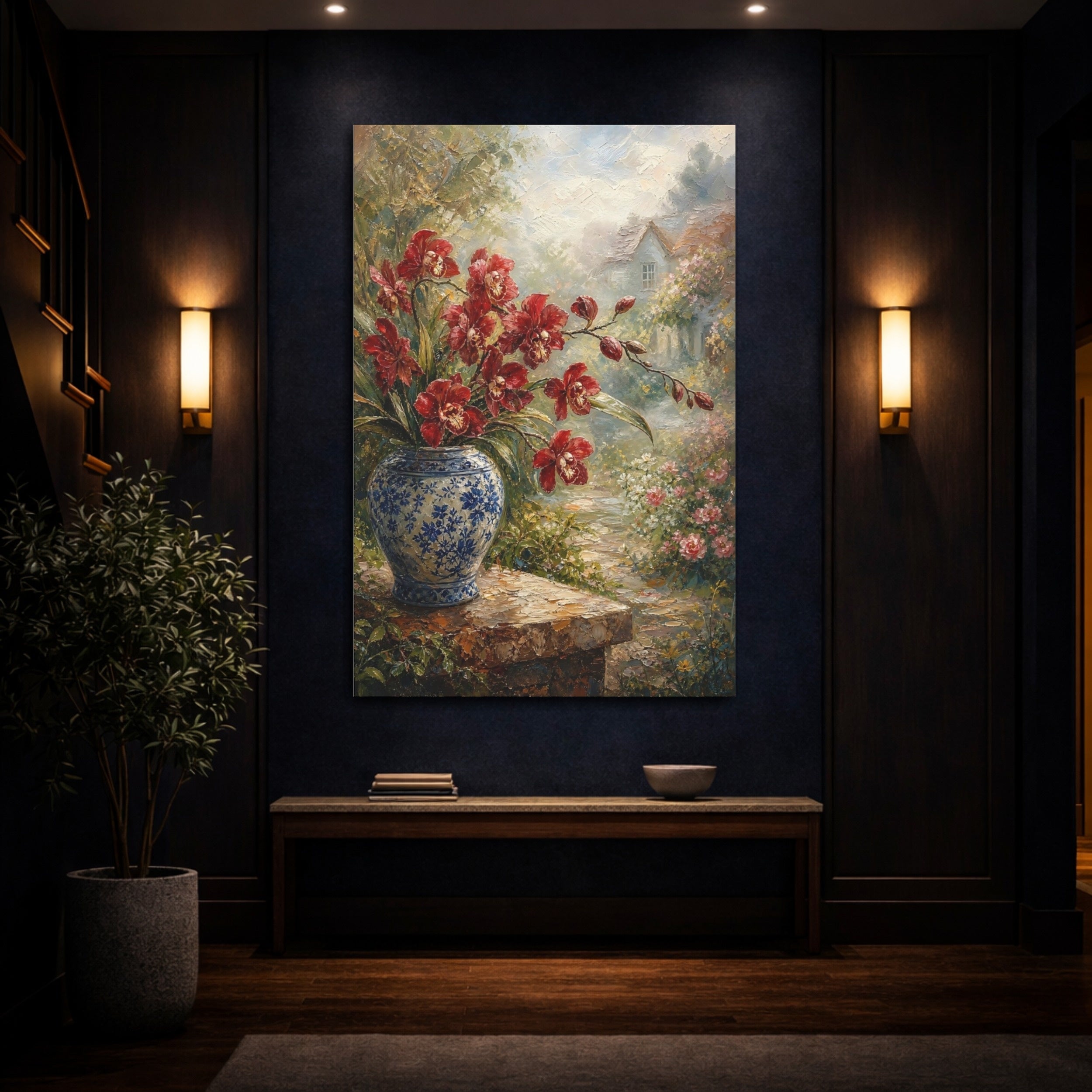 Mockup 4. Floral Red Orchids Red Blue Floral shown as stretched canvas wall art