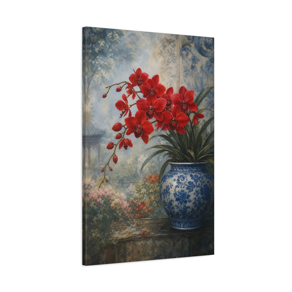 Main Mockup. Floral Red Orchids Red Floral shown as stretched canvas wall art
