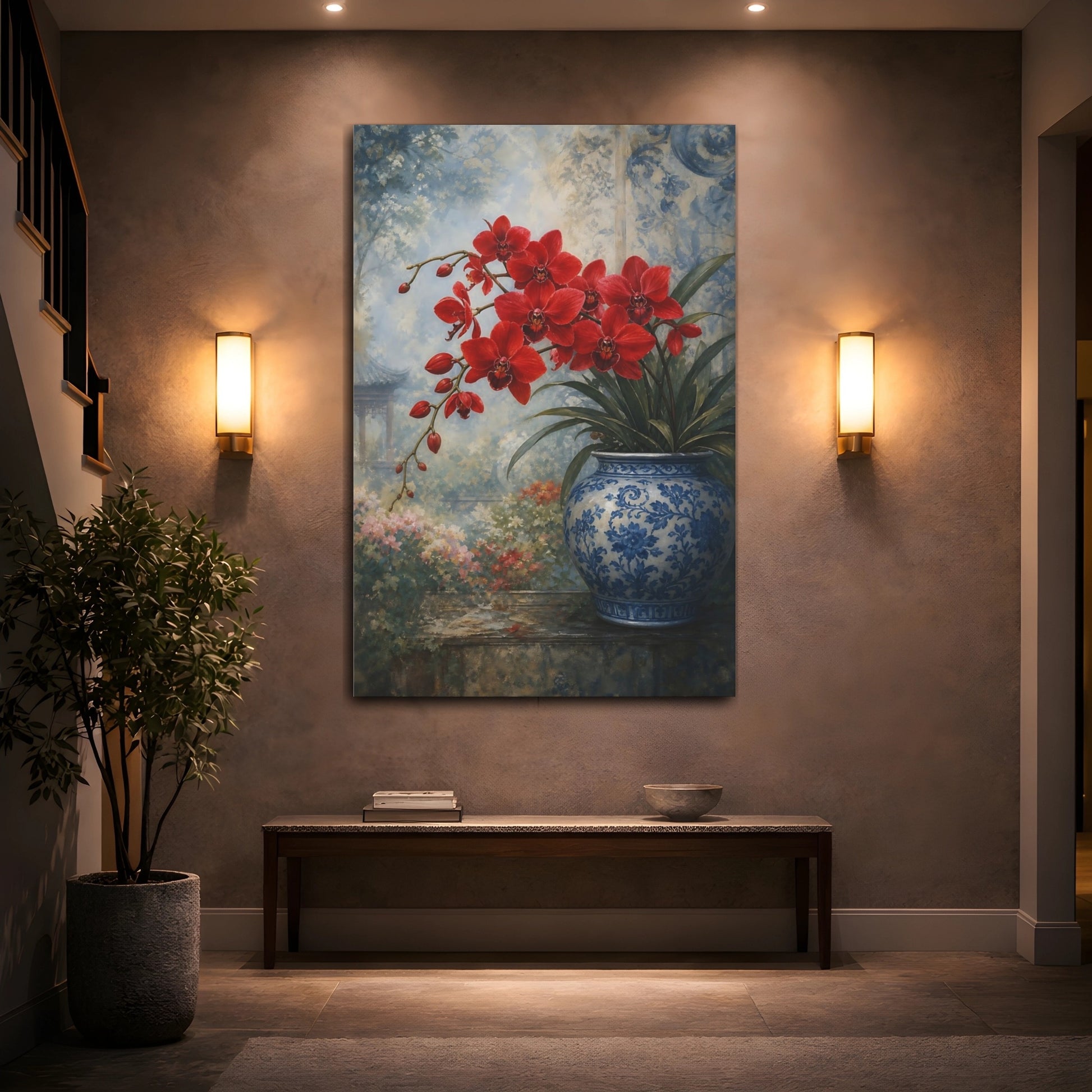 Mockup 2. Floral Red Orchids Red Floral shown as stretched canvas wall art