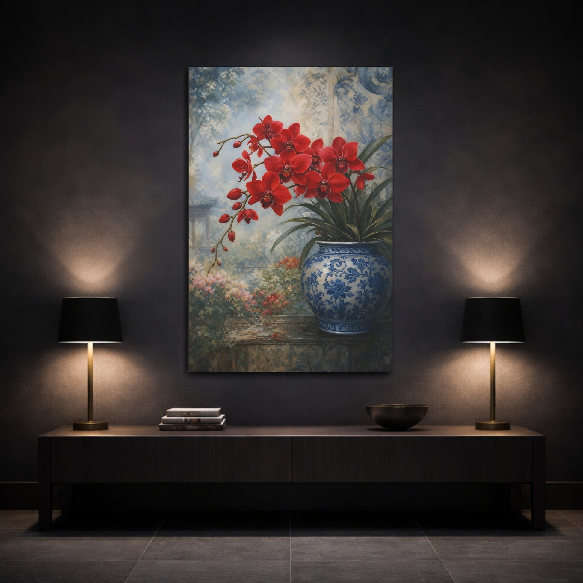 Mockup 3. Floral Red Orchids Red Floral shown as stretched canvas wall art