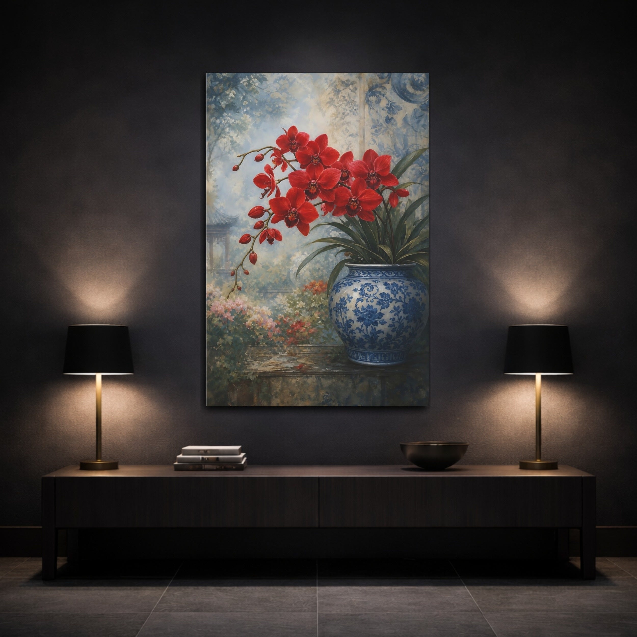 Mockup 3. Floral Red Orchids Red Floral shown as stretched canvas wall art