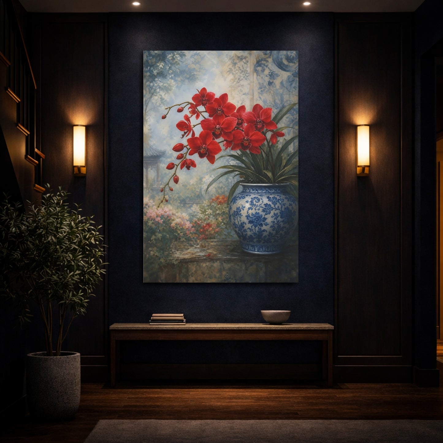 Mockup 4. Floral Red Orchids Red Floral shown as stretched canvas wall art