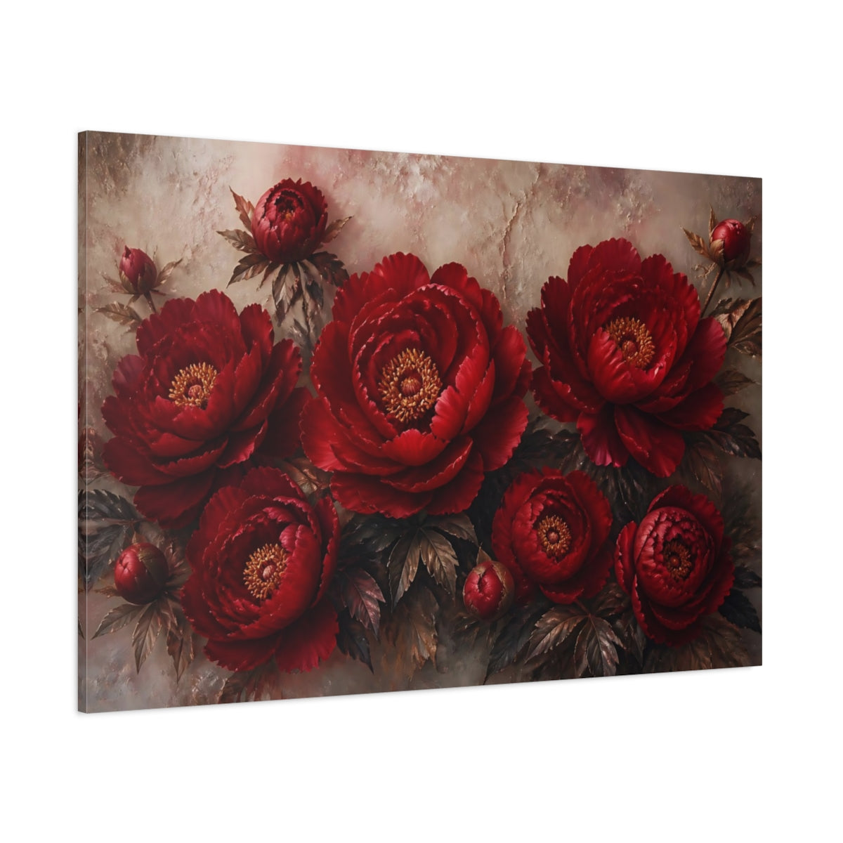 Side Mockup 1. Floral Red Peonies shown as canvas print