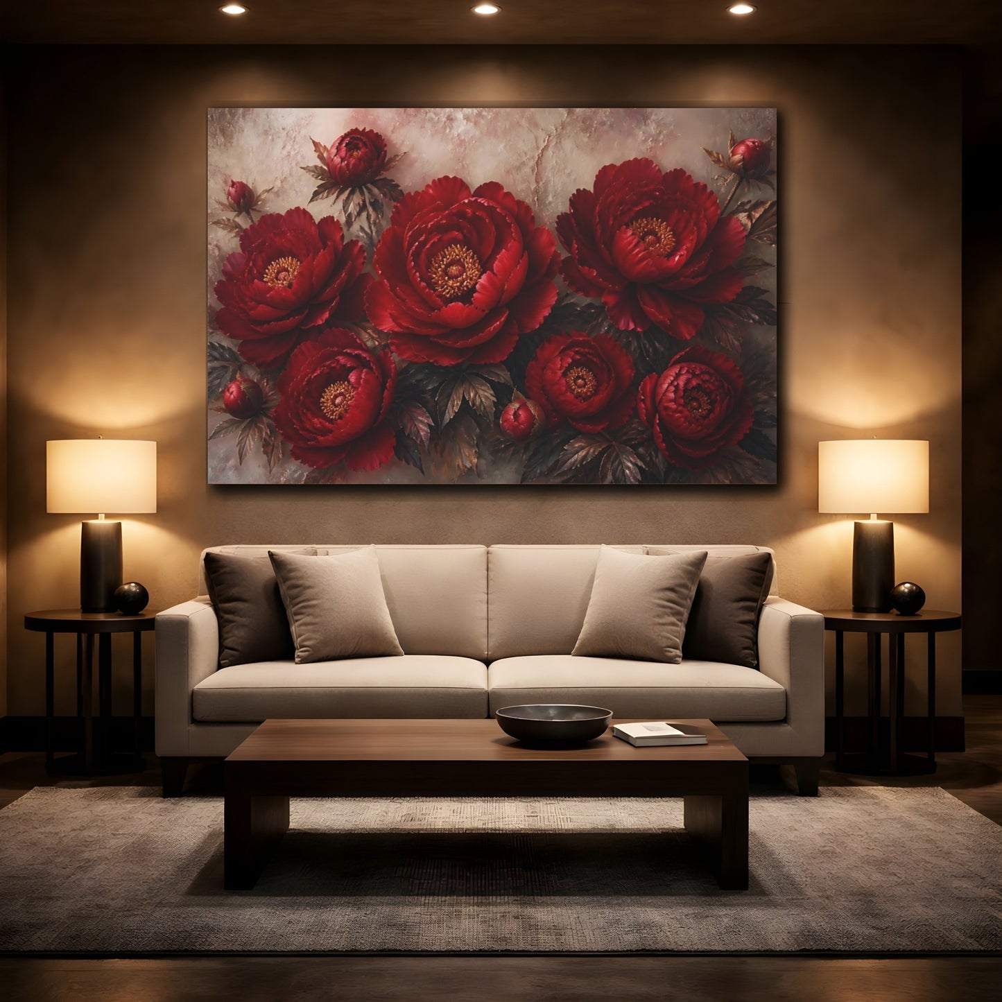 Mockup 2. Floral Red Peonies shown as canvas print