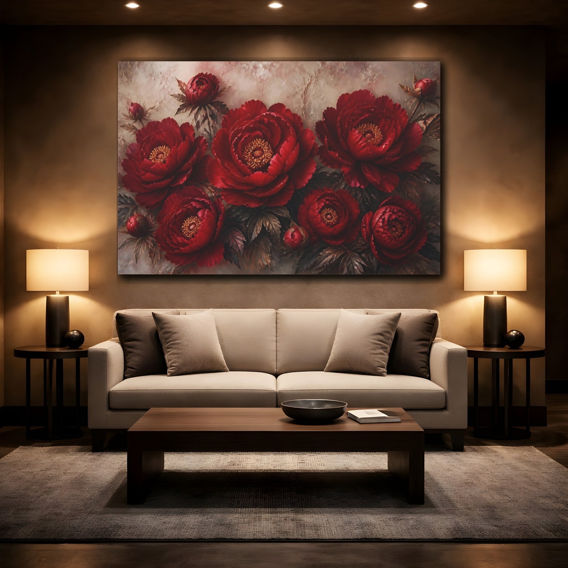 Mockup 2. Floral Red Peonies shown as canvas print