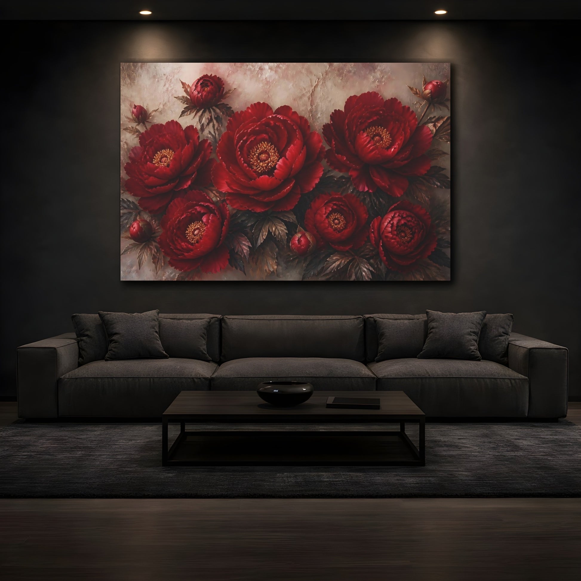 Mockup 3. Floral Red Peonies shown as canvas print