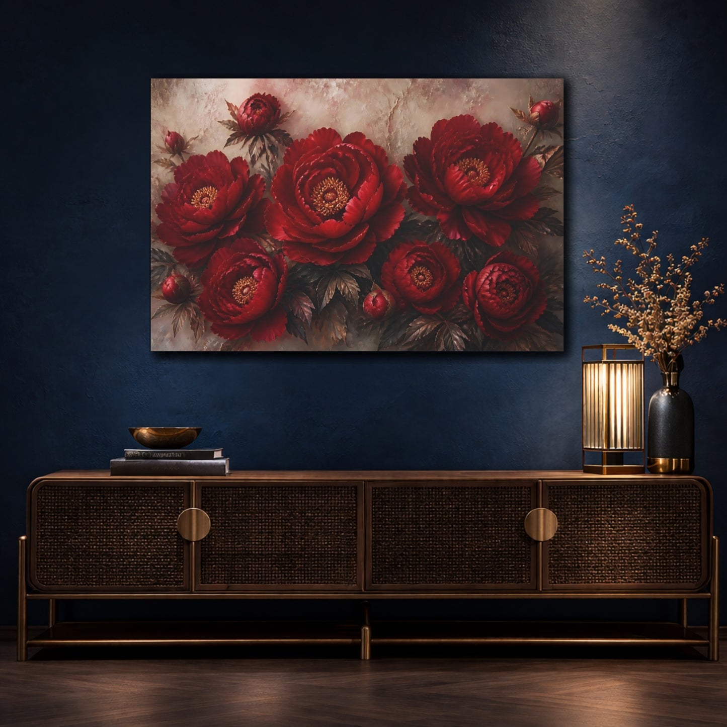 Mockup 4. Floral Red Peonies shown as canvas print