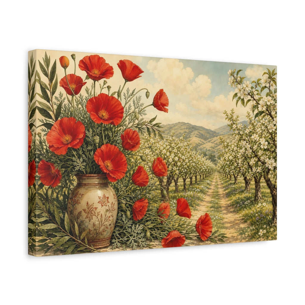 Side Mockup 4. Floral Red Poppies Red And Green Landscape shown as stretched canvas wall art