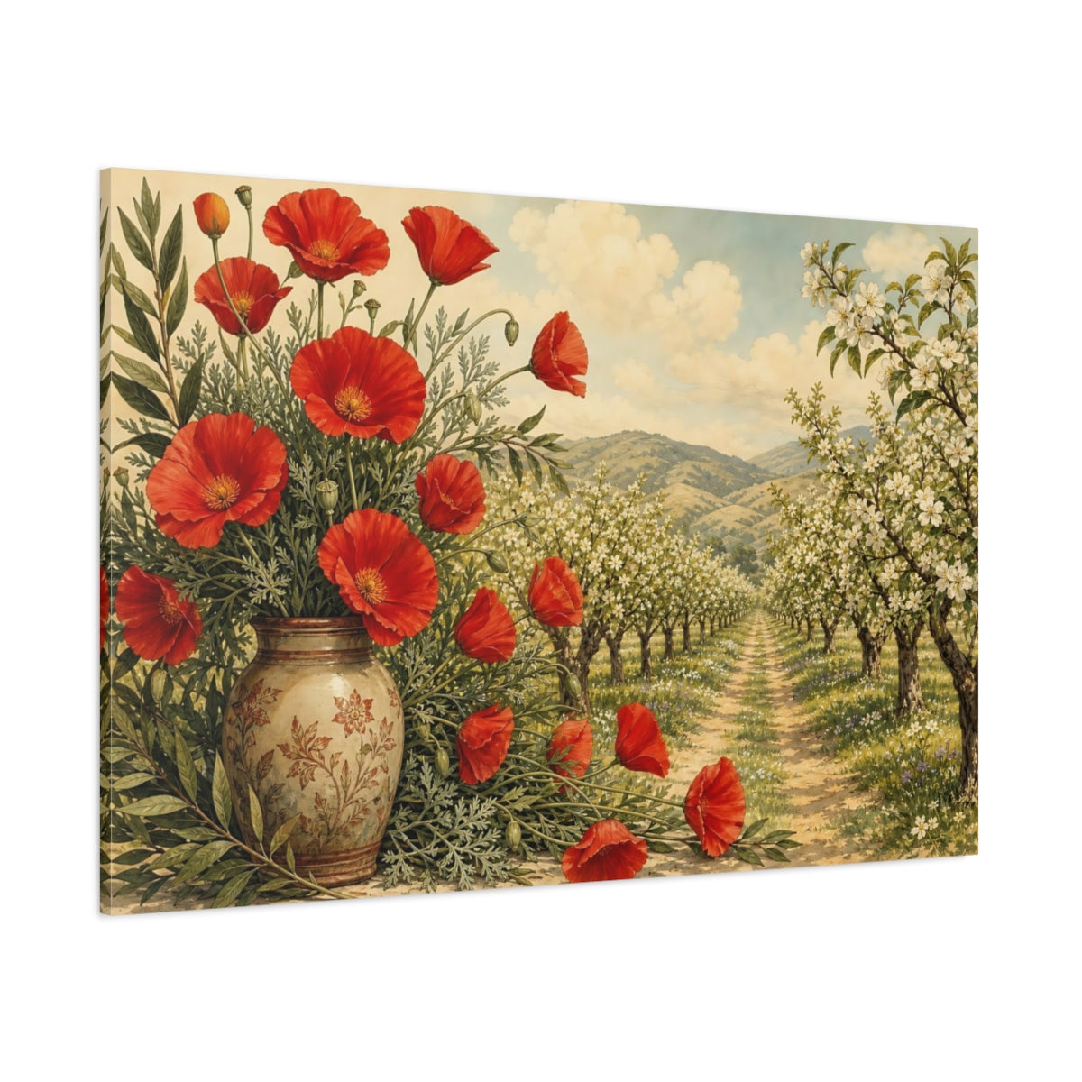 Side Mockup 1. Floral Red Poppies Red And Green Landscape shown as stretched canvas wall art