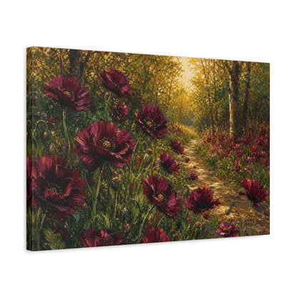 Side Mockup 3. Floral Red Poppies Burgundy Poppies Forest shown as stretched canvas wall art