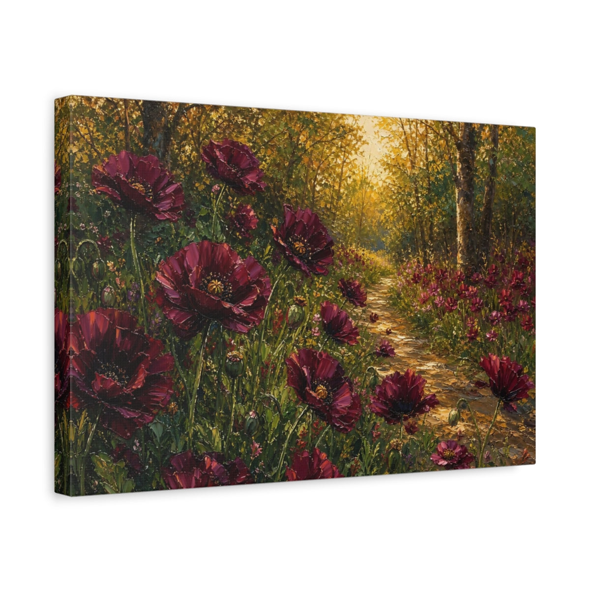 Side Mockup 4. Floral Red Poppies Burgundy Poppies Forest shown as stretched canvas wall art