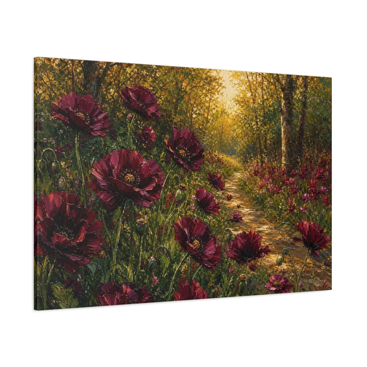 Side Mockup 1. Floral Red Poppies Burgundy Poppies Forest shown as stretched canvas wall art