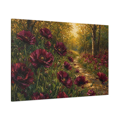 Side Mockup 1. Floral Red Poppies Burgundy Poppies Forest shown as stretched canvas wall art