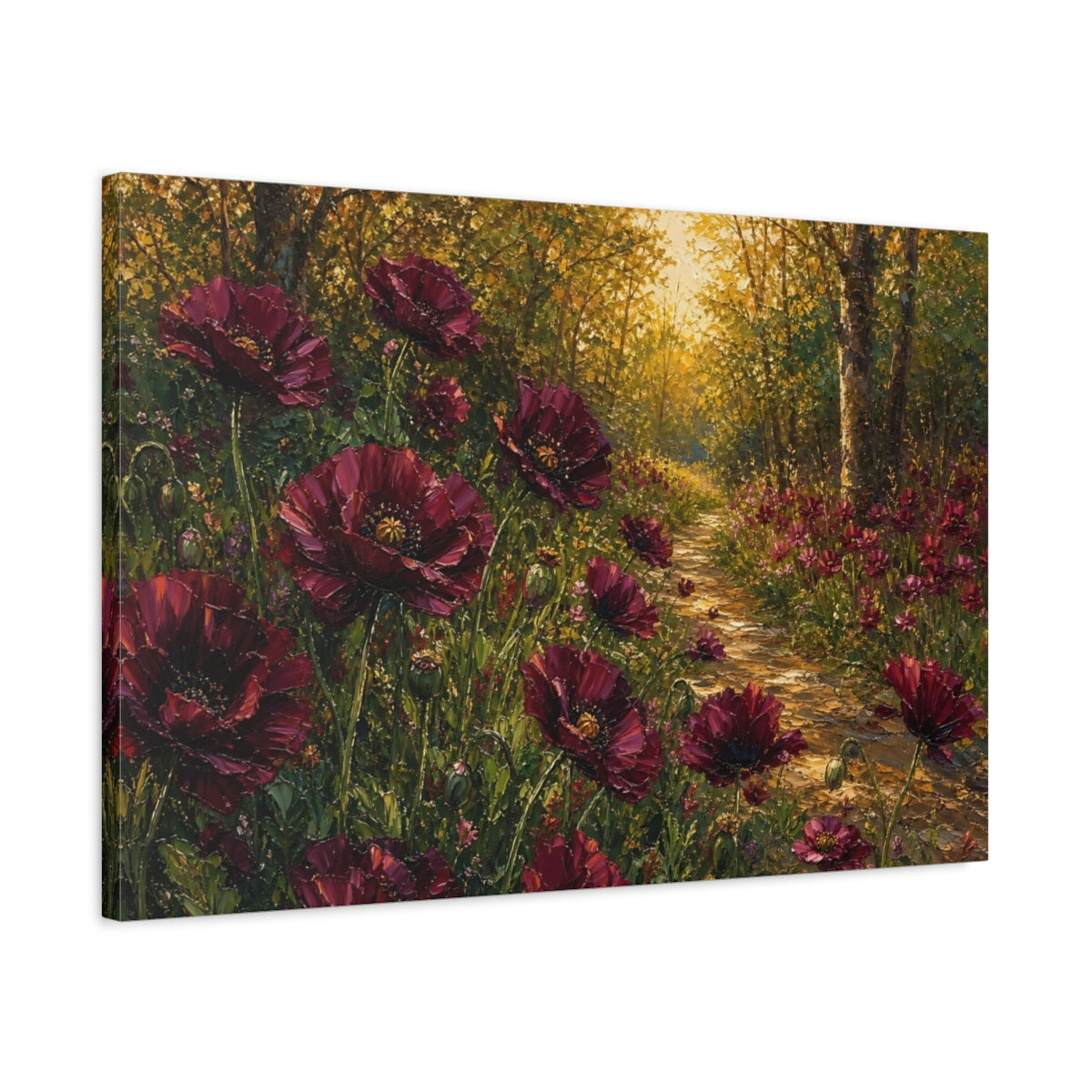 Side Mockup 2. Floral Red Poppies Burgundy Poppies Forest shown as stretched canvas wall art