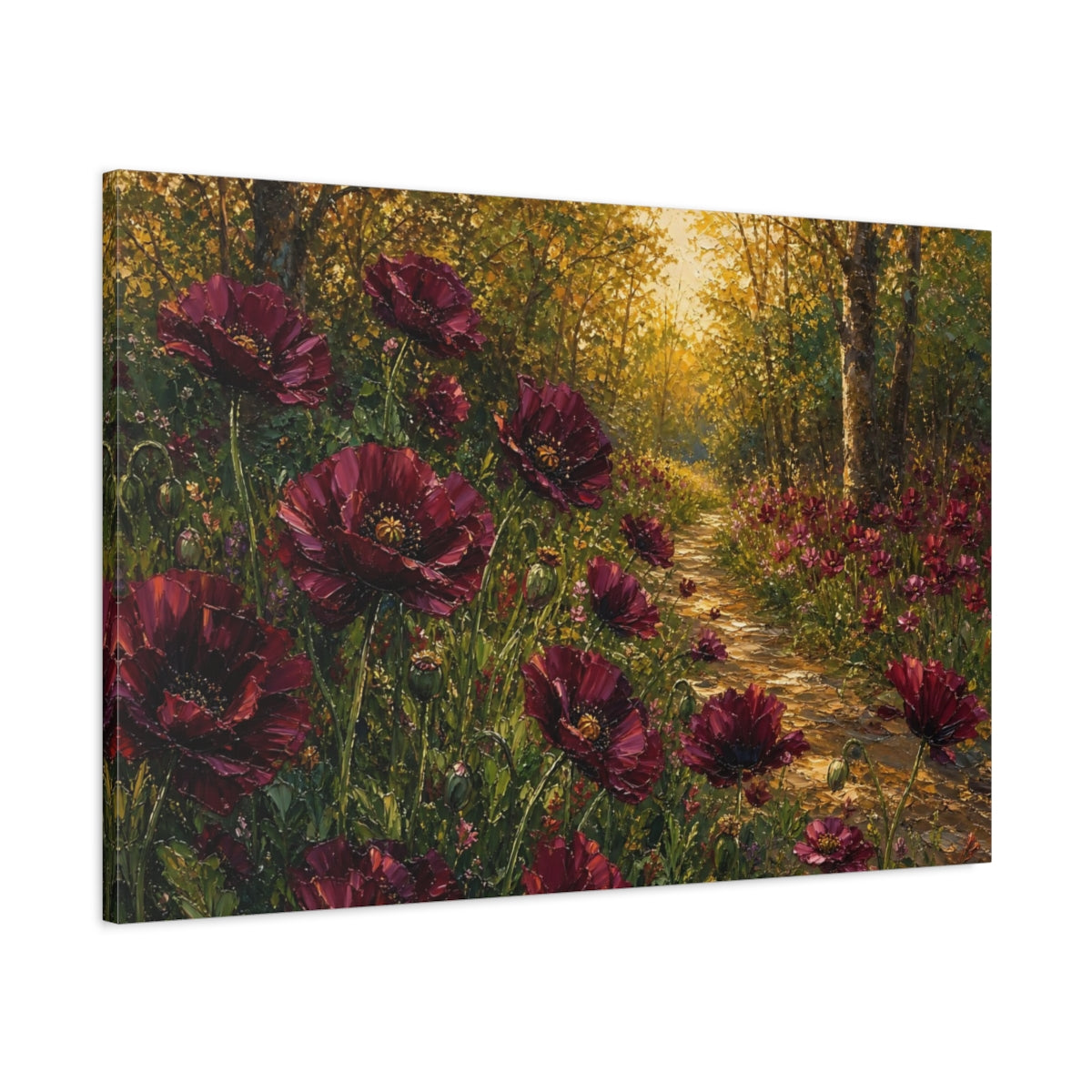 Main Mockup. Floral Red Poppies Burgundy Poppies Forest shown as stretched canvas wall art