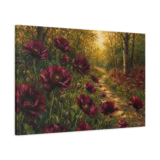 Main Mockup. Floral Red Poppies Burgundy Poppies Forest shown as stretched canvas wall art