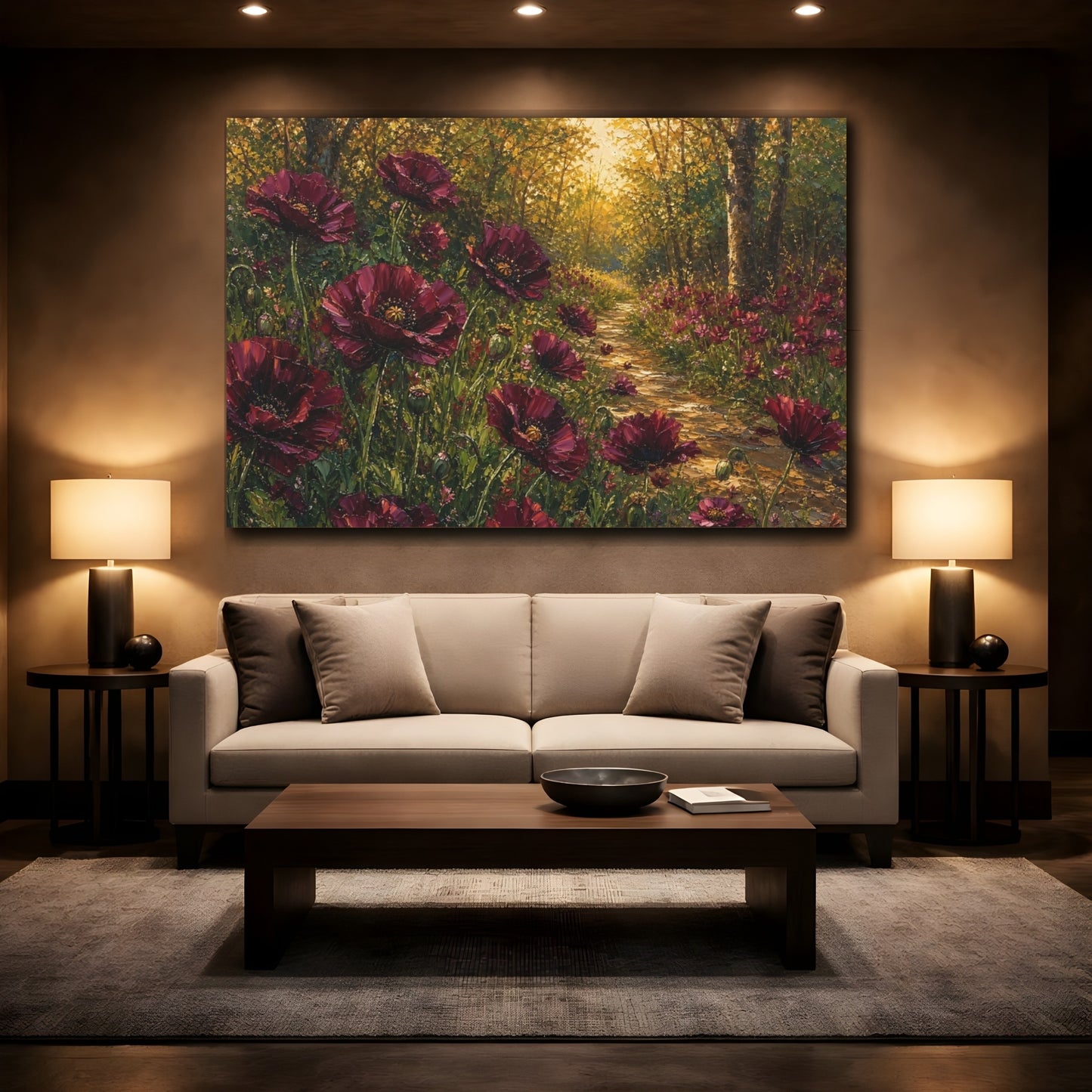 Mockup 2. Floral Red Poppies Burgundy Poppies Forest shown as stretched canvas wall art