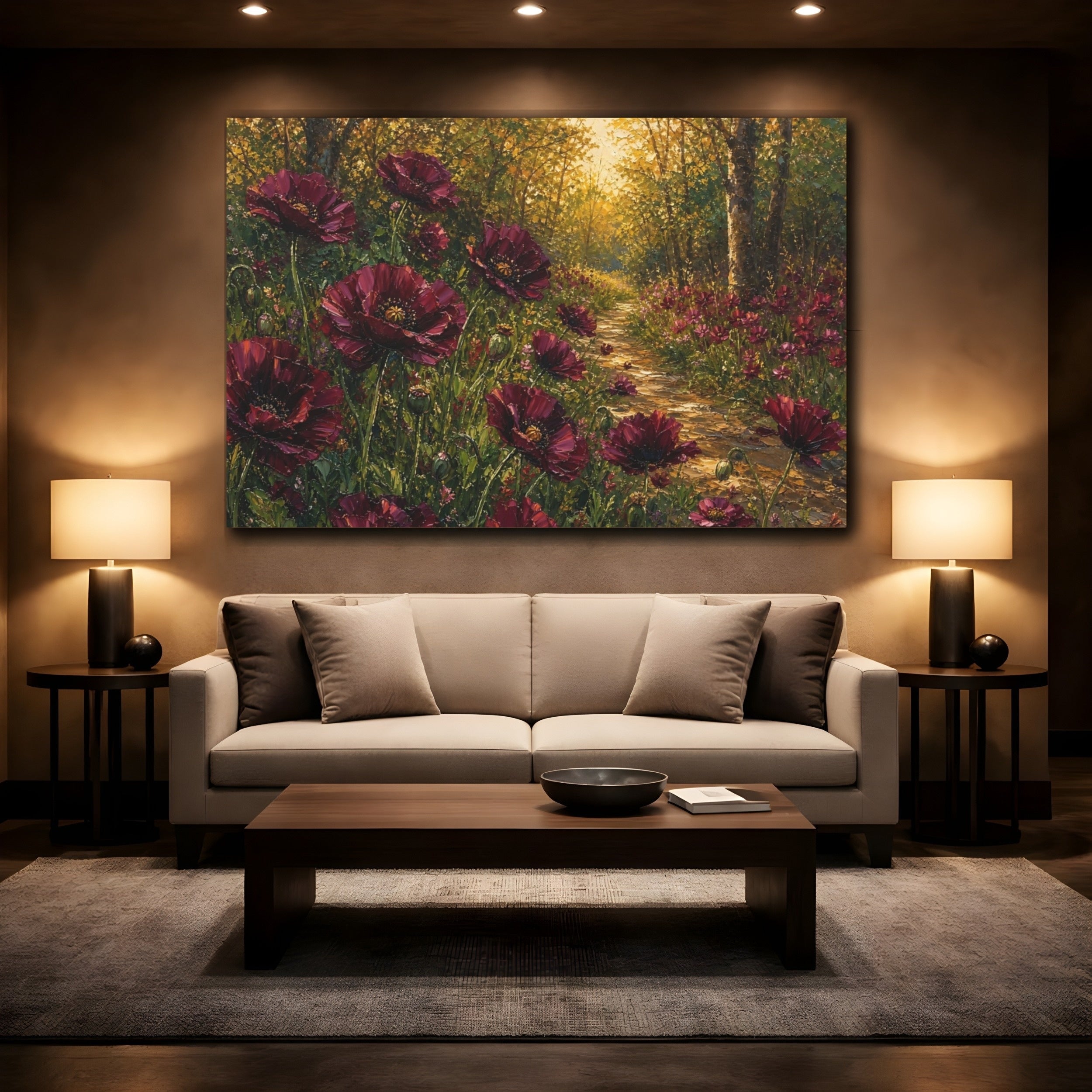 Mockup 2. Floral Red Poppies Burgundy Poppies Forest shown as stretched canvas wall art