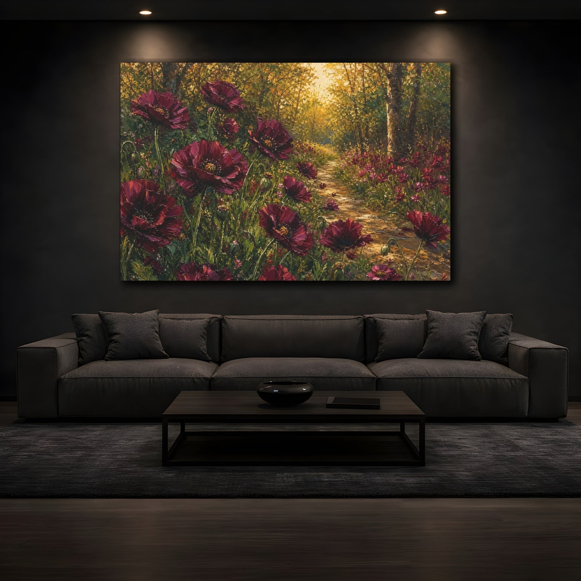 Mockup 3. Floral Red Poppies Burgundy Poppies Forest shown as stretched canvas wall art
