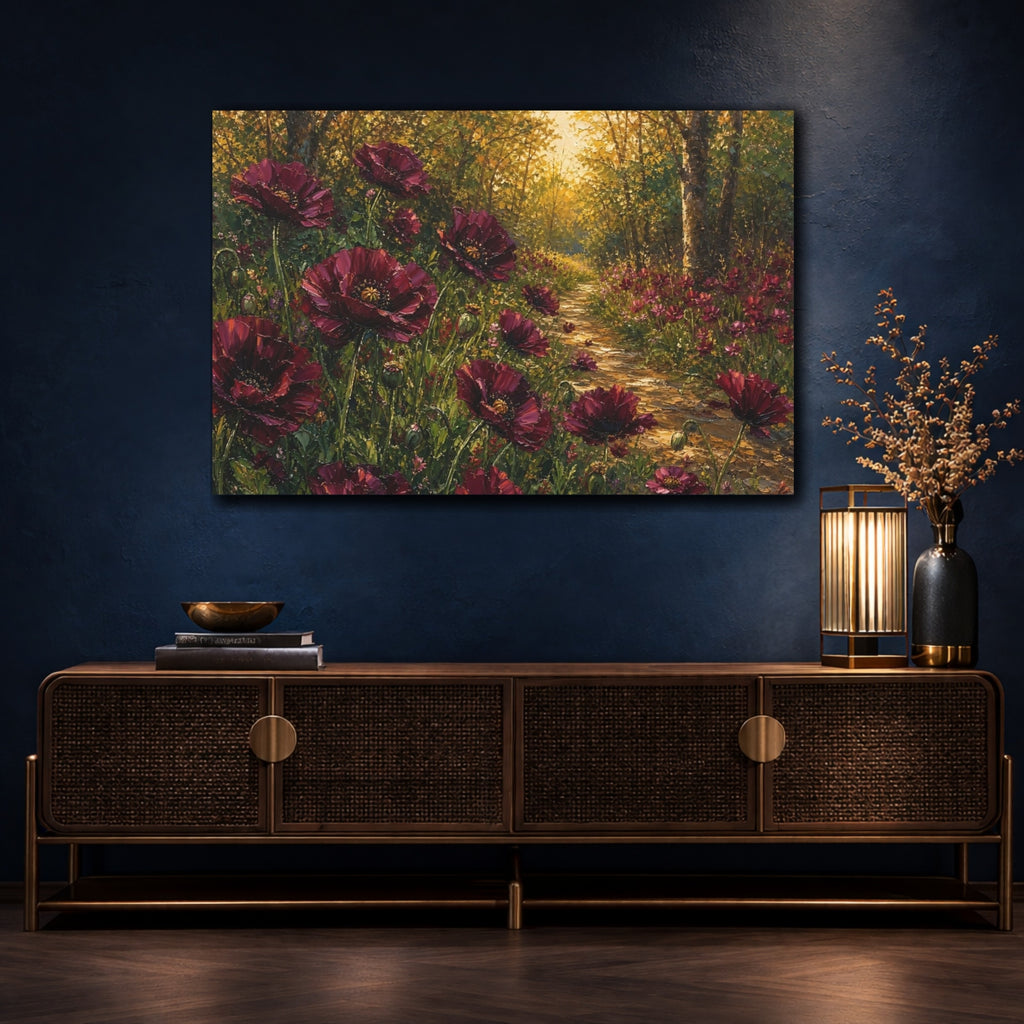 Mockup 4. Floral Red Poppies Burgundy Poppies Forest shown as stretched canvas wall art