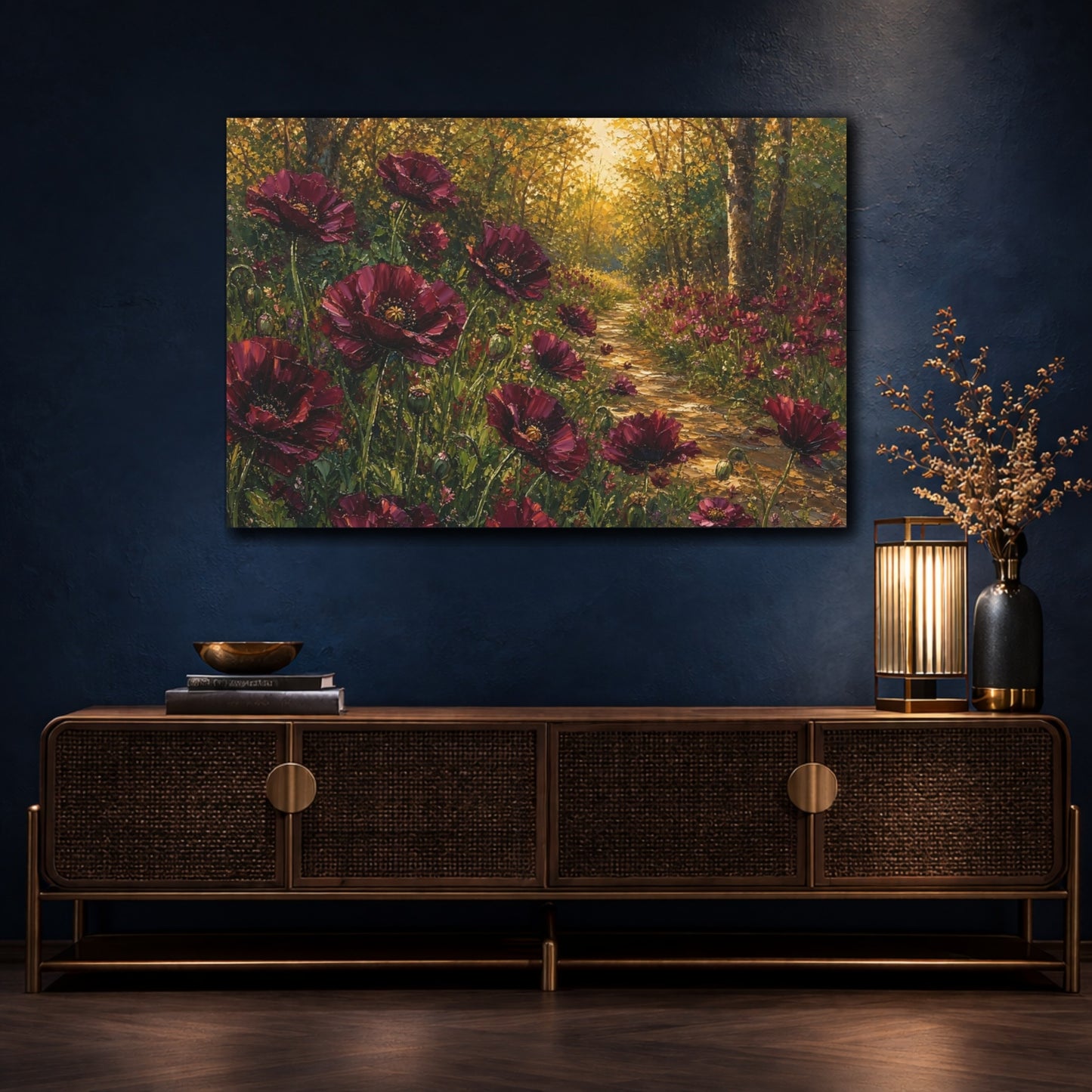 Mockup 4. Floral Red Poppies Burgundy Poppies Forest shown as stretched canvas wall art