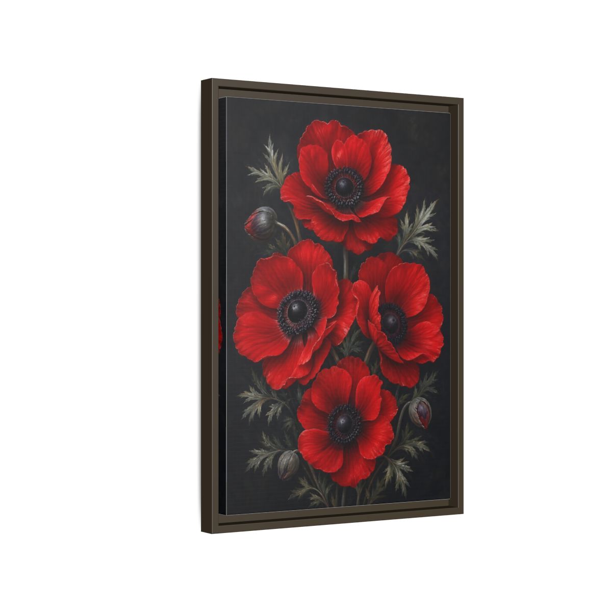 Side Mockup 2. Floral Red Poppies Red Poppies shown as stretched canvas wall art