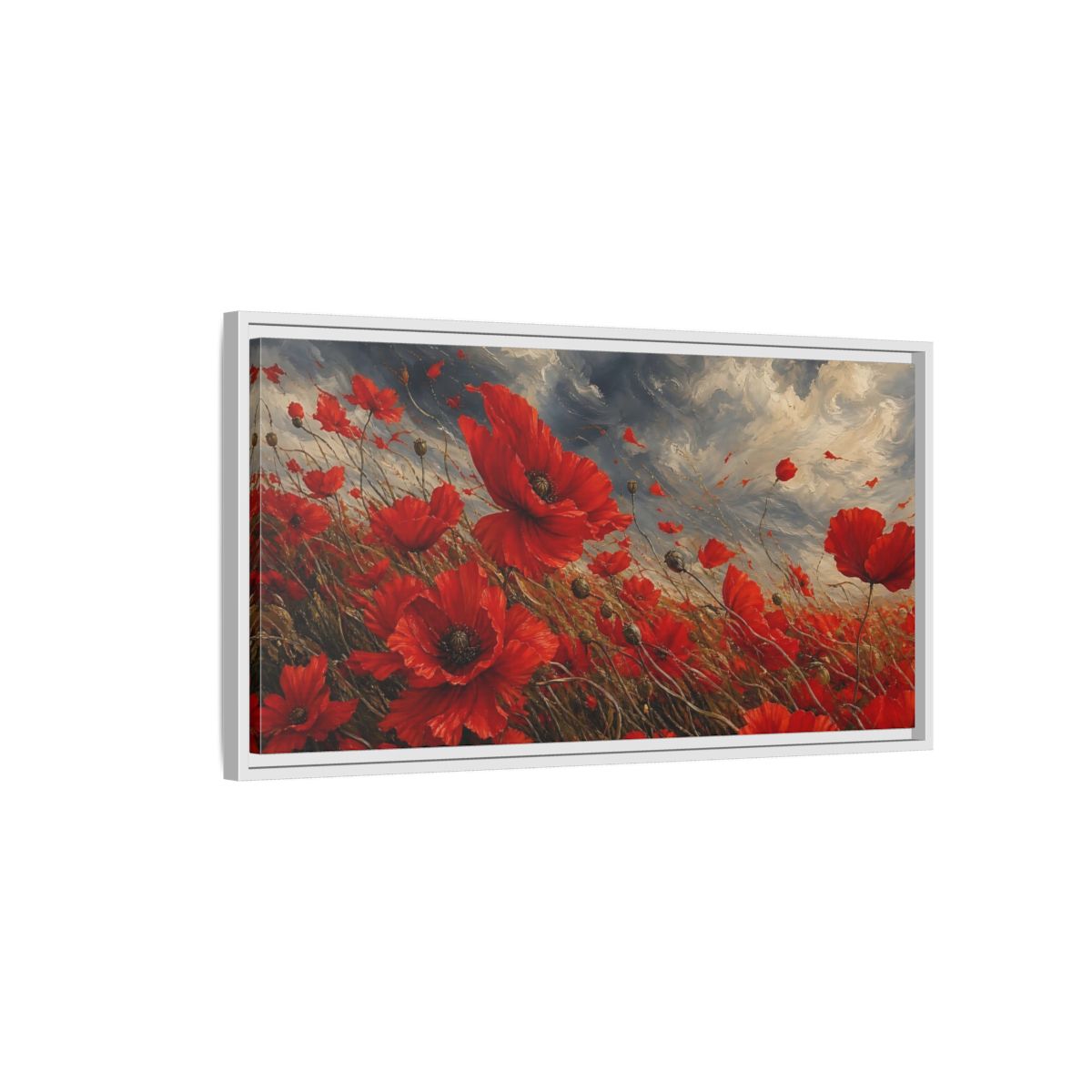 Side Mockup 1. Floral Red Poppies Red Poppies shown as stretched canvas wall art