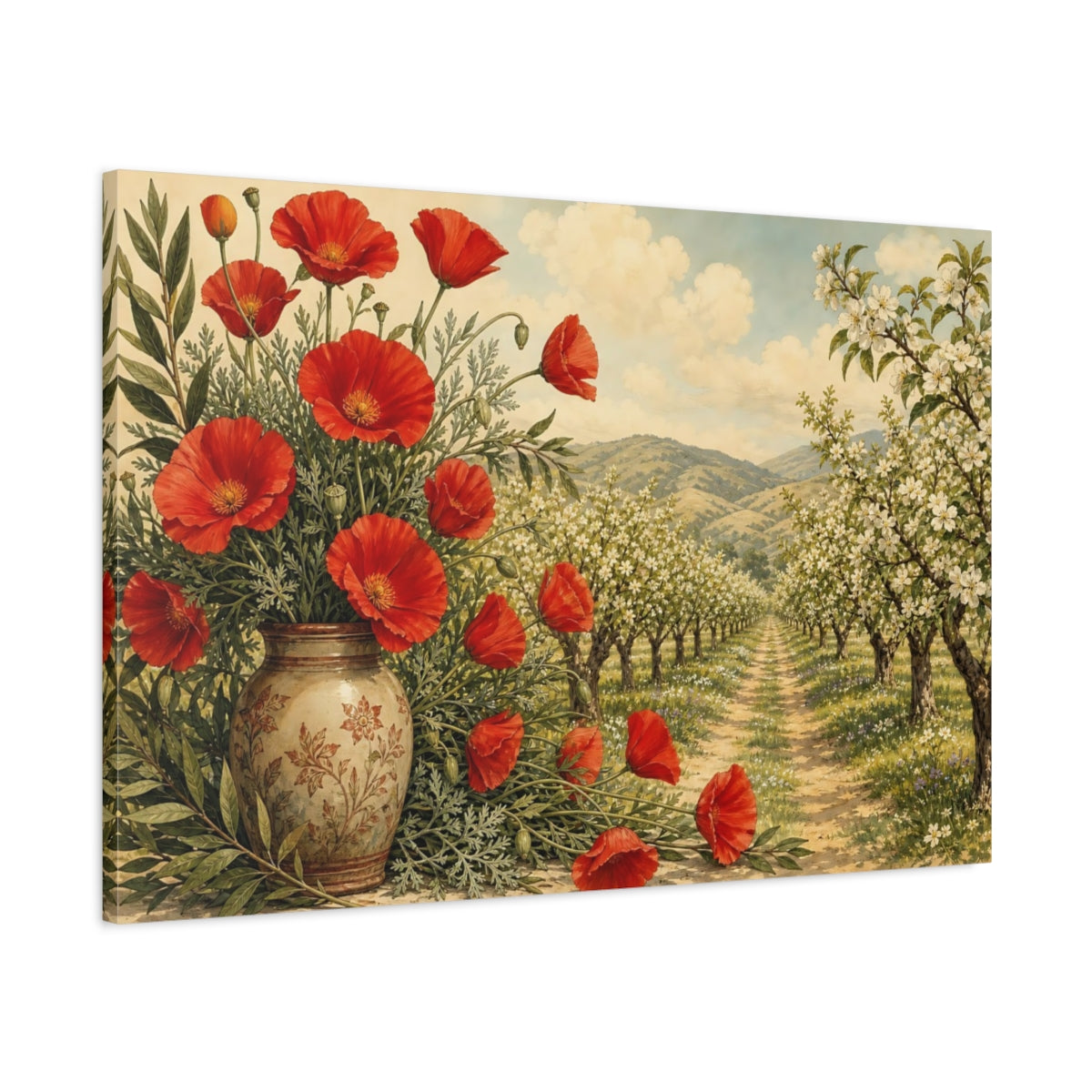 Main Mockup. Floral Red Poppies Red And Green Landscape shown as stretched canvas wall art